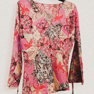 Vintage Y2K Boho Gypsy Floral V-Neck Tie Sleeve Top – Pink Purple Print (Sz L)